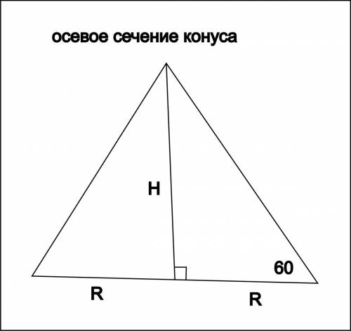 Определите площадь основания конуса, если его высота равна 50см, а образующая под углом 60 градусов