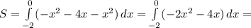 S = \int\limits^0_ {-2} ({-x^2-4x-x^2)} \, dx = \int\limits^0_ {-2} ( {-2x^2-4x)} \, dx =