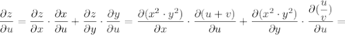 \dfrac{\partial z}{\partial u} = \dfrac{\partial z}{\partial x} \cdot \dfrac{\partial x}{\partial u} + \dfrac{\partial z}{\partial y} \cdot \dfrac{\partial y}{\partial u} = \dfrac{\partial (x^{2} \cdot y^{2} )}{\partial x} \cdot \dfrac{\partial (u+v)}{\partial u} + \dfrac{\partial (x^{2} \cdot y^{2} )}{\partial y} \cdot \dfrac{\partial (\dfrac{u}{v} )}{\partial u} =