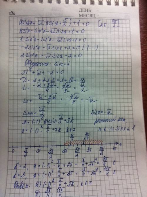 Решить! cos2x+cos(x+pi/2)+1=0 решите и отберите корни в промежутке(2pi; 7pi/2)