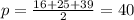 p= \frac{16+25+39}{2} =40