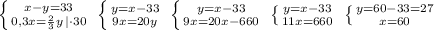 \left \{ {{x-y=33} \atop {0,3x=\frac{2}{3}y\, |\cdot 30}} \right. \; \left \{ {{y=x-33} \atop {9x=20y}} \right. \; \left \{ {{y=x-33} \atop {9x=20x-660}} \right. \; \left \{ {{y=x-33} \atop {11x=660}} \right. \; \left \{ {{y=60-33=27} \atop {x=60}} \right.