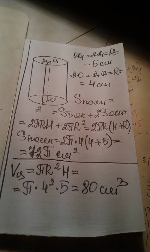 Дан цилиндр радиуса 4 см и высотой 5 см. найдите площадь поверхности и объем цилиндра