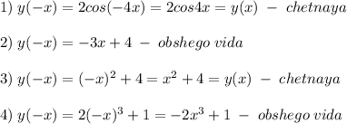 1)\; y(-x)=2cos(-4x)=2cos4x=y(x)\; -\; chetnaya\\\\2)\; y(-x)=-3x+4\; - \; obshego\; vida\\\\3)\; y(-x)=(-x)^2+4=x^2+4=y(x)\; -\; chetnaya\\\\4)\; y(-x)=2(-x)^3+1=-2x^3+1\; -\; obshego\; vida