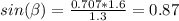 sin(\beta ) = \frac{0.707 * 1.6}{1.3} = 0.87