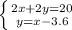 \left \{ {{2x + 2y = 20} \atop {y = x - 3.6} \right.