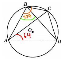 Четырехугольник abcd вписан в окружность. угол abc равен 100%, угол cad равен 64. найдите угол abd.
