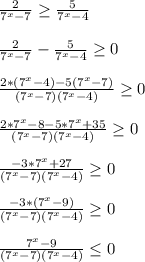 \frac{2}{7^x - 7} \geq \frac{5}{7^x - 4} \\ \\ \frac{2}{7^x - 7} - \frac{5}{7^x - 4} \geq 0 \\ \\ \frac{2*(7^x-4)-5(7^x-7)}{(7^x - 7)(7^x-4)} \geq 0 \\ \\ \frac{2*7^x-8-5*7^x+35}{(7^x - 7)(7^x-4)} \geq 0 \\ \\ \frac{-3*7^x+27}{(7^x - 7)(7^x-4)} \geq 0 \\ \\ \frac{-3*(7^x-9)}{(7^x - 7)(7^x-4)} \geq 0 \\ \\ \frac{7^x-9}{(7^x - 7)(7^x-4)} \leq 0