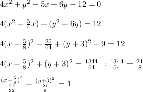 4x^2+y^2-5x+6y-12=0\\\\4(x^2-\frac{5}{4}x)+(y^2+6y)=12\\\\4(x-\frac{5}{8})^2-\frac{25}{64}+(y+3)^2-9=12\\\\4(x-\frac{5}{8})^2+(y+3)^2=\frac{1344}{64}\, |:\frac{1344}{64}=\frac{21}{8}\\\\\frac{(x-\frac{5}{8})^2}{\frac{21}{32}}+\frac{(y+3)^2}{\frac{21}{8}}=1