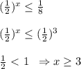 (\frac{1}{2})^{x} \leq \frac{1}{8}\\\\(\frac{1}{2})^{x} \leq (\frac{1}{2})^3\\\\\frac{1}{2}\ \textless \ 1\; \; \Rightarrow x \geq 3