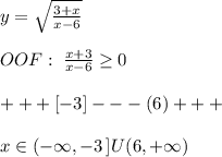 y=\sqrt{\frac{3+x}{x-6}}\\\\OOF:\; \frac{x+3}{x-6} \geq 0\\\\+++[-3]---(6)+++\\\\x\in (-\infty,-3\, ]U(6,+\infty)