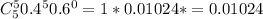 C_5^50.4^50.6^0=1*0.01024*=0.01024