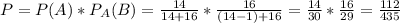 P=P(A)*P_A(B)= \frac{14}{14+16} * \frac{16}{(14-1)+16} = \frac{14}{30}* \frac{16}{29} = \frac{112}{435}