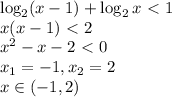 \log_{2}(x-1)+\log_2{x} \ \textless \ 1 \\&#10;x(x-1)\ \textless \ 2 \\&#10;x^2-x-2 \ \textless \ 0 \\&#10;x_1=-1, x_2=2 \\&#10;x \in (-1, 2)