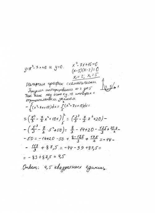 Вычислить площадь фигуры,ограниченной параболой y=x2-7x+10и линией y=0