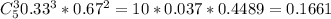 C_5^30.33^3*0.67^2=10*0.037*0.4489=0.1661