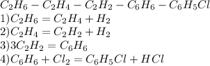 C _{2} H _{6} -C _{2} H _{4} -C _{2} H _{2} -C _{6} H _{6} -C _{6} H _{5} Cl \\ 1)C _{2} H _{6} =C _{2} H _{4} +H _{2} \\ 2)C _{2} H _{4} =C _{2} H _{2} +H _{2} \\ 3)3C _{2} H _{2} =C _{6} H _{6} \\ 4)C _{6} H _{6} +Cl _{2} =C _{6} H _{5} Cl+HCl