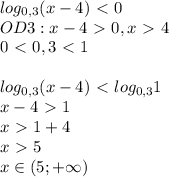 log_{0,3}(x-4)\ \textless \ 0\\OD3: x-4\ \textgreater \ 0,x\ \textgreater \ 4\\0\ \textless \ 0,3\ \textless \ 1\\\\log_{0,3}(x-4)\ \textless \ log_{0,3}1\\x-4\ \textgreater \ 1\\x\ \textgreater \ 1+4\\x\ \textgreater \ 5\\x\in(5;+\infty)