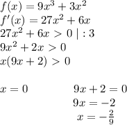 f(x)=9x^3+3x^2 \\ f'(x)=27x^2+6x \\ 27x^2+6x\ \textgreater \ 0~|:3 \\ 9x^2+2x\ \textgreater \ 0 \\ x(9x+2)\ \textgreater \ 0 \\ \\ x=0~~~~~~~~~~~~9x+2=0 \\ ~~~~~~~~~~~~~~~~~~~~9x=-2 \\ ~~~~~~~~~~~~~~~~~~~~~x=- \frac{2}{9}