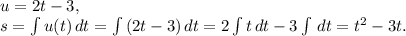 u=2t-3, \\ &#10;s= \int {u(t)} \, dt = \int {(2t-3)} \, dt = 2\int {t} \, dt - 3\int {} \, dt = t^2-3t.