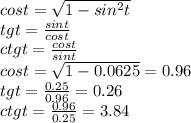 cost= \sqrt{1-sin^2t} \\ tgt = \frac{sint}{cost} \\ ctgt= \frac{cost}{sint} \\ cost= \sqrt{1-0.0625}=0.96 \\ &#10;tgt= \frac{0.25}{0.96}=0.26 \\ ctgt= \frac{0.96}{0.25}=3.84