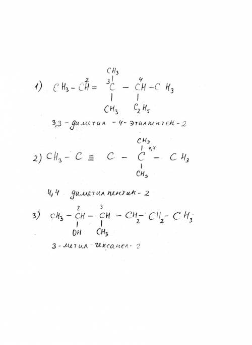 Написать структурные формулы следующих соединений: 1) 3,3-диметил-4-этилпентен-2 2) 4,4-диметилпенти