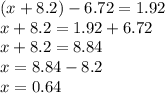 (x+8.2)-6.72=1.92\\x+8.2=1.92+6.72\\x+8.2=8.84\\x=8.84-8.2\\x=0.64