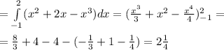 \\ \\ = \int\limits^2_{-1} ( x^{2} +2x- x^{3}) dx =( \frac{ x^{3} &#10;}{3}+ x^{2} - \frac{ x^{4} }{4}) ^2_{-1}= \\ \\ = \frac{8}{3}+4-4-(- &#10;\frac{1}{3}+1- \frac{1}{4})=2 \frac{1}{4}