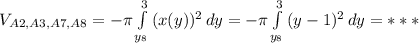 V_{A2,A3,A7,A8}= -\pi \int\limits^{3}_{y_{8}} {(x(y))^2} \, dy= -\pi \int\limits^{3}_{y_{8}} {(y-1 )^2} \, dy=***