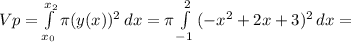 Vp= \int\limits^{x_{2}}_{x_0} { \pi (y(x))^2} \, dx= \pi \int\limits^{2}_{-1} {(-x^2+2x+3)^2} \, dx=