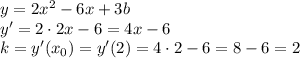 y =2x^2 -6x+3b&#10;\\\&#10;y' =2\cdot2x -6=4x-6&#10;\\\&#10;k=y'(x_0)=y'(2)= 4\cdot2-6=8-6=2