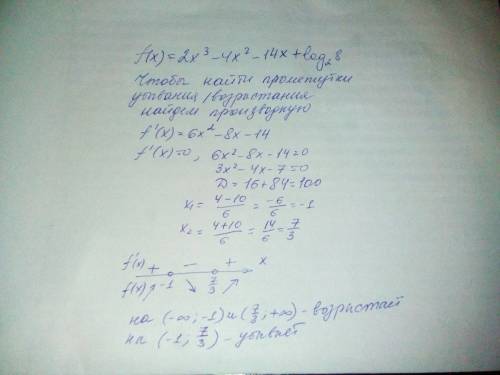 Знайти проміжки зростання і спадання функції f(x)=2x^3-4x^2-14x+log(2)8