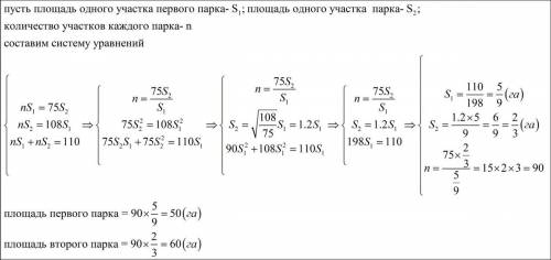 Два парка общей площадью 110 га разбиты на равное количество участков. участники каждого парка по пл