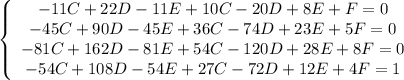 \left\{\begin{array}$ -11C+22D-11E+10C-20D+8E+F=0 \\ -45C+90D-45E+36C-74D+23E+5F=0 \\ -81C+162D-81E+54C-120D+28E+8F=0 \\ -54C+108D-54E+27C-72D+12E+4F=1 \end{array}\right.