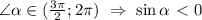 \angle \alpha \in (\frac{3\pi}{2}; 2\pi) \ \Rightarrow \ \sin{ \alpha }\ \textless \ 0