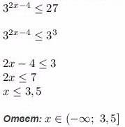 3в степени 2x -4 меньше или равно 27