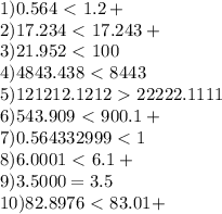 1)0.564\ \textless \ 1.2+ \\ 2)17.234\ \textless \ 17.243+ \\ 3)21.952\ \textless \ 100 \\ 4)4843.438\ \textless \ 8443 \\ 5)121212.1212\ \textgreater \ 22222.1111\\6)543.909\ \textless \ 900.1+\\7)0.564332999\ \textless \ 1\\8)6.0001\ \textless \ 6.1+ \\ 9)3.5000=3.5 \\ 10) 82.8976\ \textless \ 83.01+