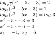 log_{ \sqrt{3} }(x^2-5x-3)=2 \\ log_3(x^2-5x-3)=1 \\ log_3(x^2-5x-3)=log_33 \\ x^2-5x-3=3 \\ x^2-5x-6=0 \\ x_1=-1,\ x_2=6