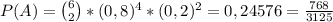 \\P(A)={6\choose2}*(0,8)^4*(0,2)^2= 0,24576=\frac{768}{3125}