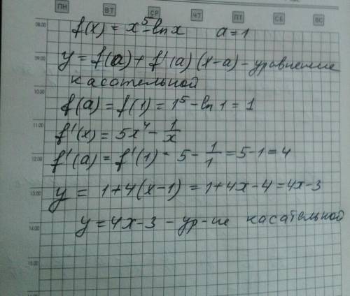 Составьте уравнение касательной к графику функции y=f(x) в точке с абсциссой х=а f(x)=x^5-ln x,a=1​