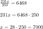 \frac{231x}{250} = 6468 \\ \\ 231x=6468 \cdot 250 \\ \\ x =28 \cdot 250=7000