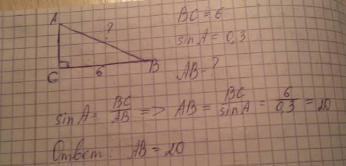 Втреугольнике авс угол с равен 90°, вс=6, sin а=0,3. найдите ав