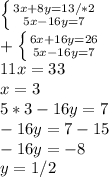 \left \{ {{3x+8y=13/*2} \atop {5x-16y=7}} \right. \\ + \left \{ {{6x+16y=26} \atop {5x-16y=7}} \right. \\11x=33\\x=3\\5*3-16y=7\\-16y=7-15\\-16y=-8\\y=1/2