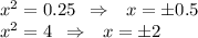 x^2=0.25\,\,\, \Rightarrow\,\,\,\,x=\pm0.5\\ x^2=4\,\,\, \Rightarrow\,\,\,\, x=\pm2