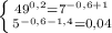 \left \{ {{ 49^{0,2} = 7^{- 0,6 + 1} } \atop { 5^{ - 0,6 - 1,4} =0,04}} \right.