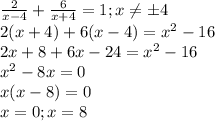 \frac{2}{x-4} + \frac{6}{x+4}=1;x \neq б 4 \\ &#10;2(x+4)+6(x-4)= x^{2} -16 \\ &#10;2x+8+6x-24= x^{2} -16 \\ &#10; x^{2} -8x=0 \\ &#10;x(x-8)=0 \\ &#10;x=0;x=8 \\ &#10;