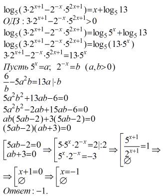 Найдите сумму всех корней уравнения log5(3⋅2^(x+1)−2^(−x)⋅5^(2x+1))=x+log5 13.
