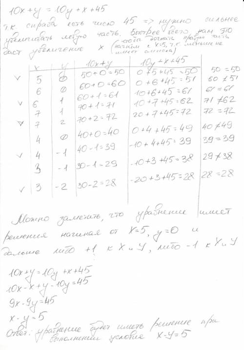 Как сделать уравнение методом перебора.10x+y=10y+x+45.? табличка