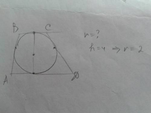 Найдите радиус окружности, вписанной в трапецию высота которой равна 4