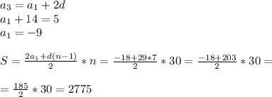 a _{3} =a _{1} +2d \\ a _{1} +14=5 \\ a _{1} =-9 \\ \\ S= \frac{2a _{1} +d(n-1) }{2} *n= \frac{-18+29*7}{2} *30= \frac{-18+203}{2} *30= \\ \\ = \frac{185}{2} *30=2775